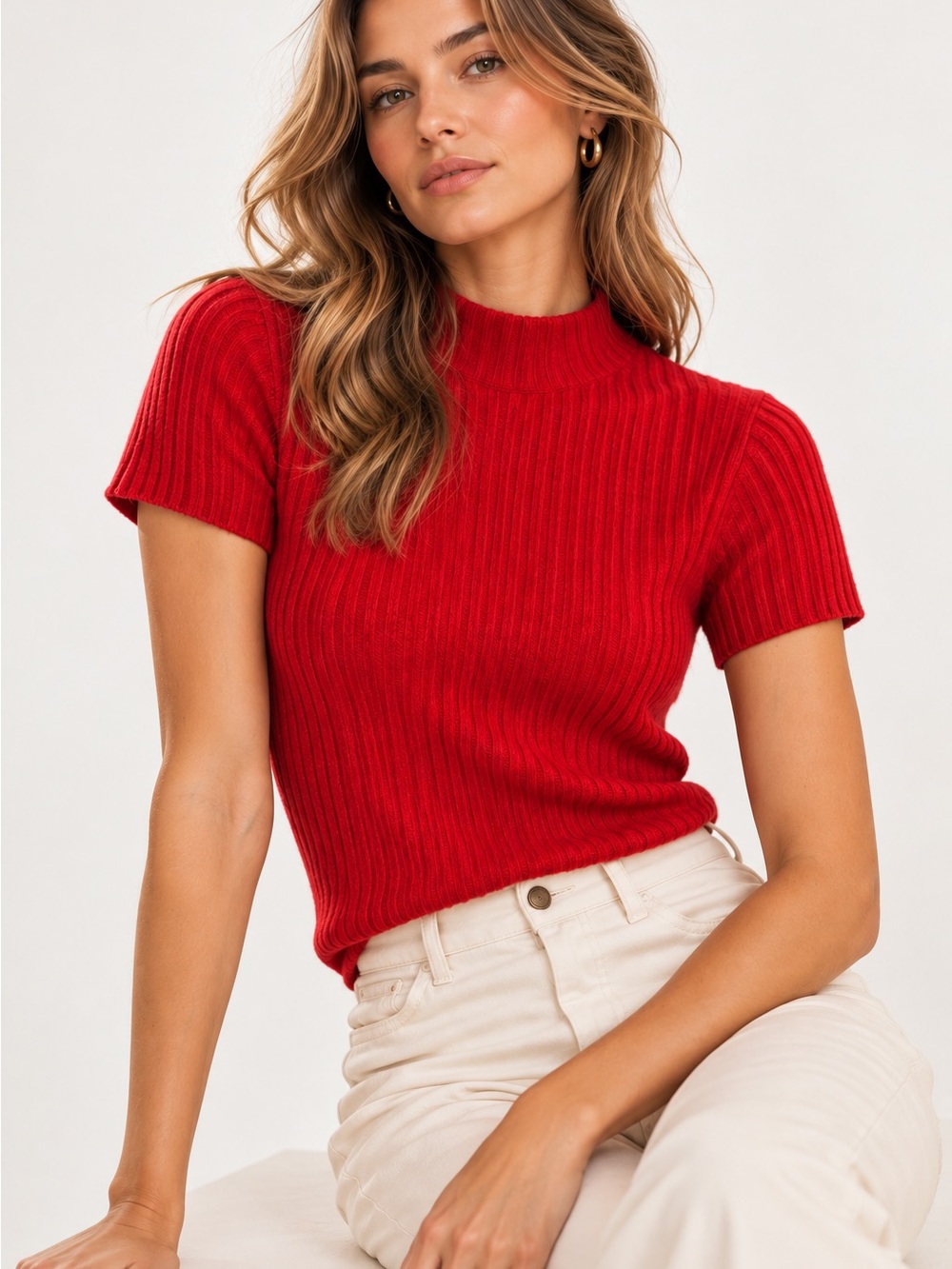 Antonio Melani 100% Cashmere Red Ribbed Mock Neck Short Sleeve Sweater Top M